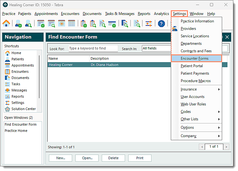 Desktop App (PM) showing the Settings menu drop-down with the Encounter Forms option highlighted.