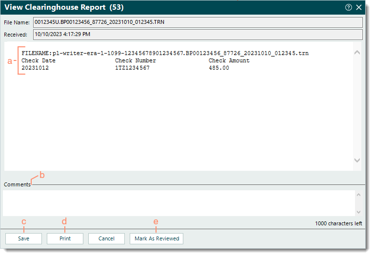 View CH Report window, example EFT report with details, Comments and buttons callouts