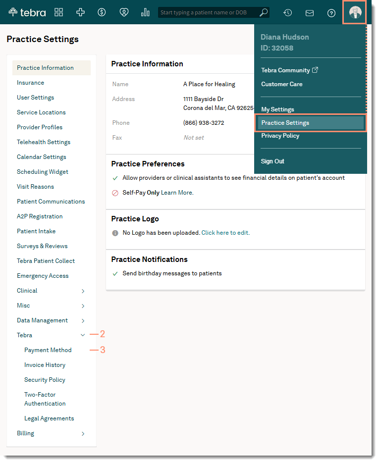 The web platform Practice Settings page with the Tebra option expanded and Payment Method option highlighted.