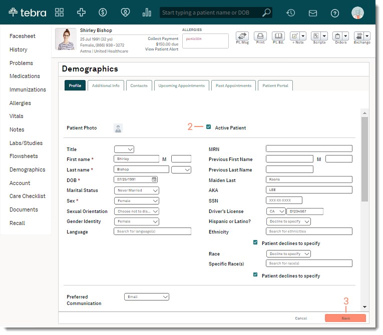 The web platform Patient Demographics page showing the checked Active Patient checkbox to remove the chart from active view.
