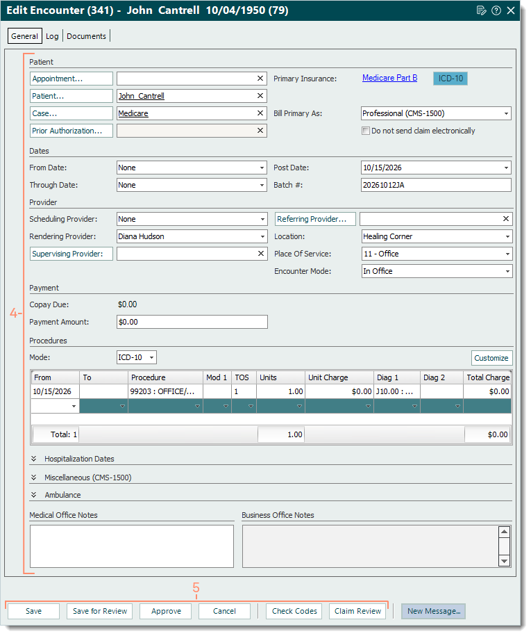 Desktop App (PM) Edit Encounter window showing the details copied from an existing encounter for review and button options on the bottom.
