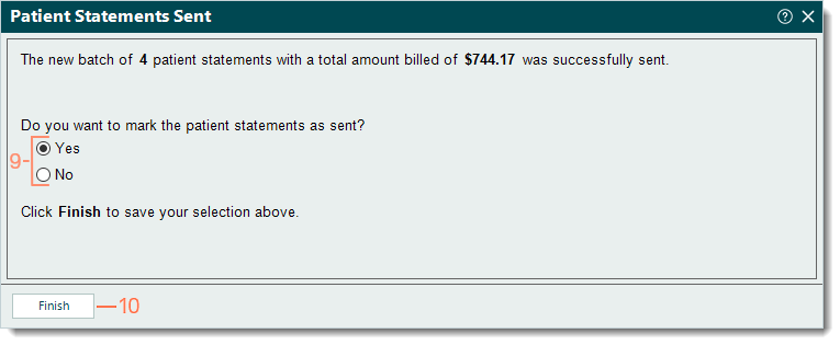 Desktop App (PM) Patient Statements Sent window with the option to mark them as sent and Finish button highlighted.