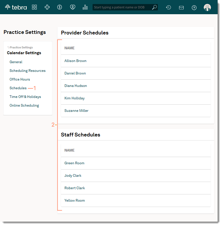 Schedules dashboard displaying a list of providers and staff members to configure availability.