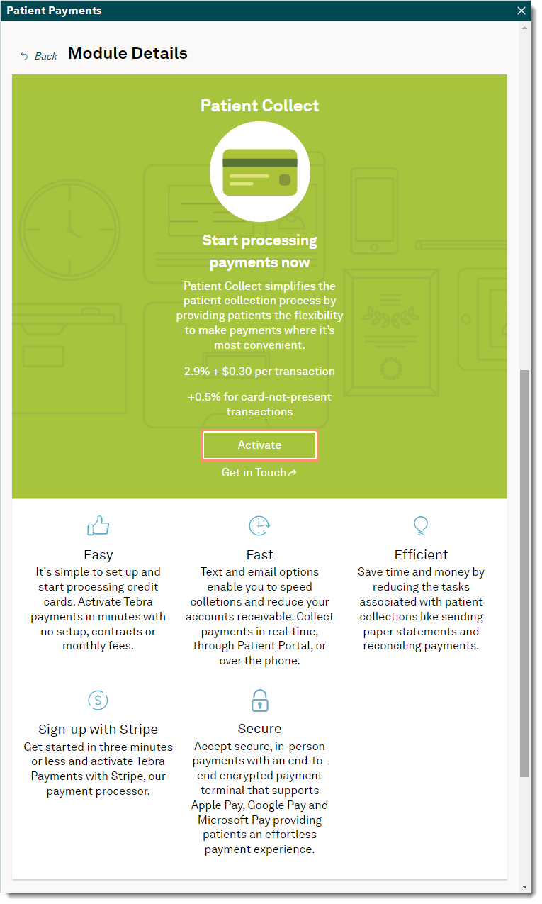 Desktop App (PM), Patient Payments window displaying the Module Details page for Patient Collect and a list of program benefits with the Activate button highlighted.