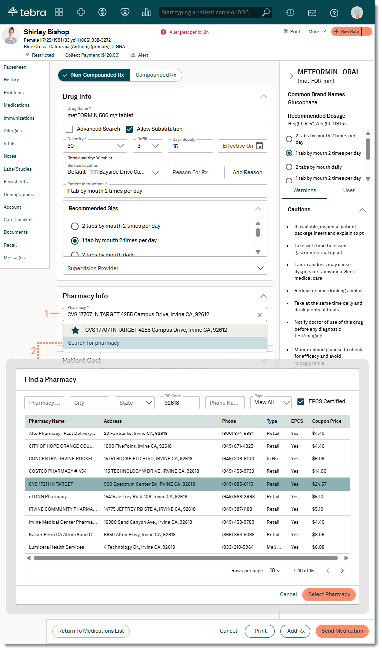 The web platform Medication page Select Pharmacy pop-up showing the patient's preferred pharmacy and search filters.