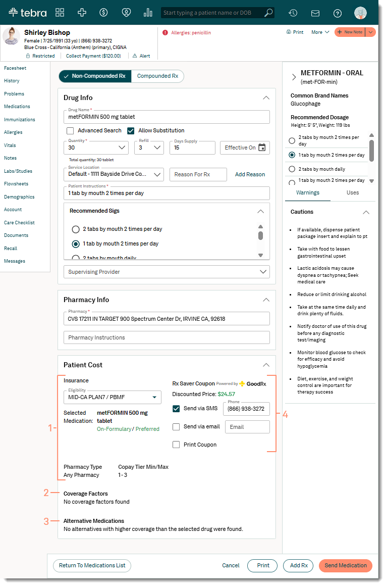 The web platform Medication page Patient Cost section showing formulary status, coverage factors, and coupons.