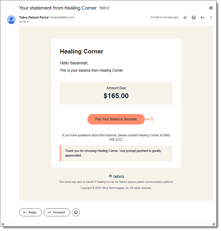Email balance reminder the patient would receive with the Pay Your Balance Securely button highlighted.