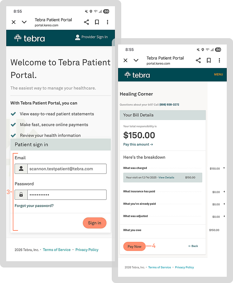 Multiple mobile screenshots for patients with Patient Portal: The Patient sign in page with Email, Password, and Sign In button highlighted, and the Patient Portal Your Bill Details page showing the balance and breakdown with the Pay Now button highlighted. 