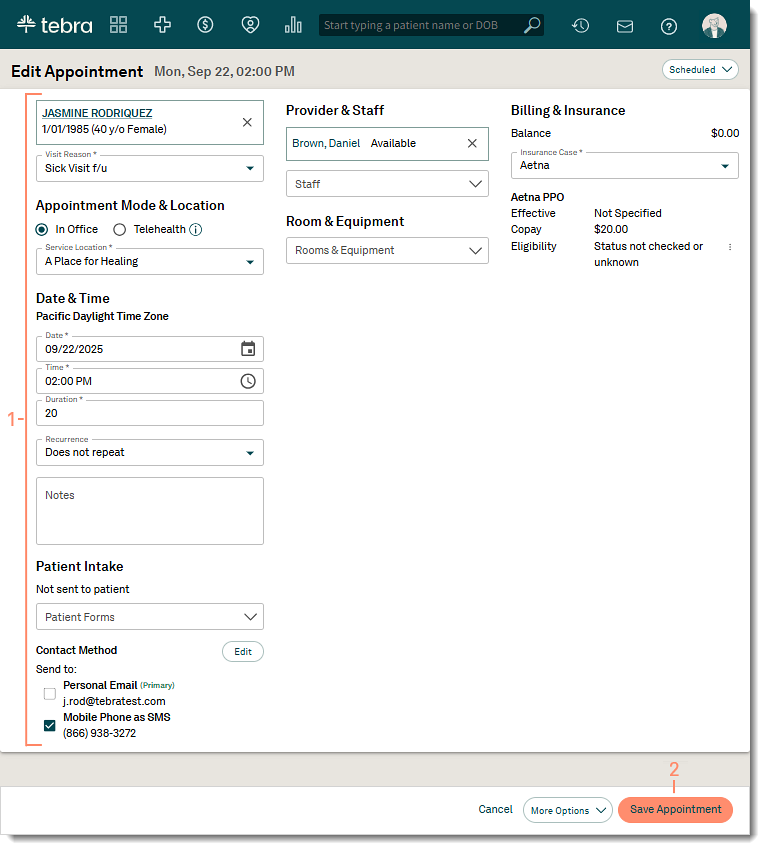 The web platform edit appointment page with fields for appointment mode, notes, staff, and insurance selection.