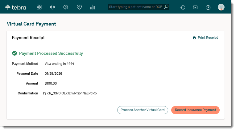 Web platform Virtual Card Payment page for Stripe activated practices showing the Payment Receipt information.