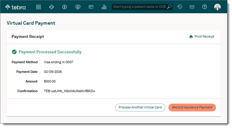 Web platform Virtual Card Payment page for Tebra Payments activated practices showing the Payment Receipt information.