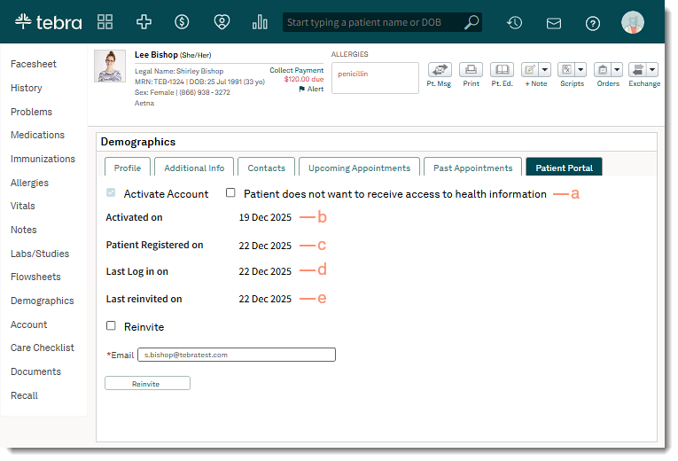 The web platform Facesheet Patient Portal tab showing activation dates, registration status, and last login details.