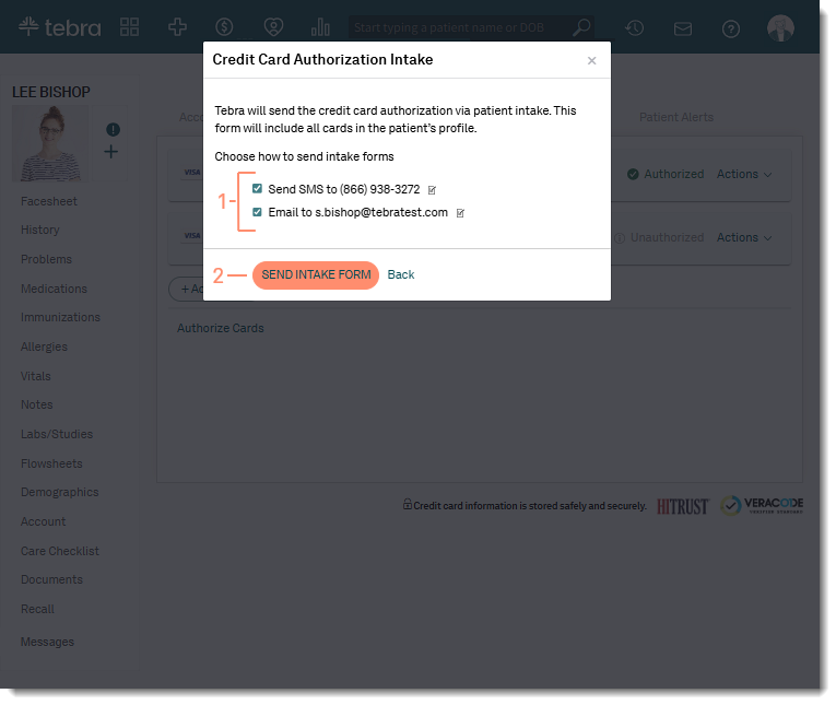 The web platform Patient Payment Authorized Cards pop-up showing the options to send the credit card authorization by SMS or email.