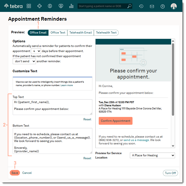 The web platform Appointment Reminder Office Email customization page with editable text fields and a preview pane.
