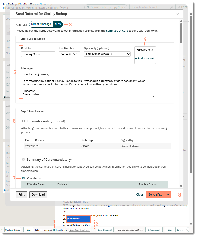 The web platform Send Referral pop-up in a clinical note configured for eFax with recipient details and message fields.