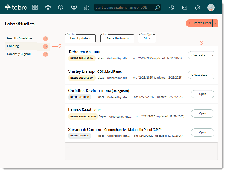 The web platform Pending labs list showing the Create eLab button to initiate a new electronic lab order.