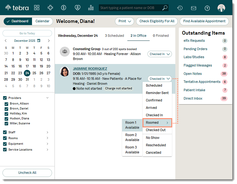 The web platform dashboard In Office tab showing the dropdown menu used to select the Roomed status for an appointment.