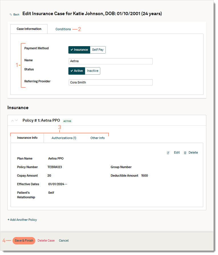 The web platform Edit Insurance Case page showing how to edit an insurance case.