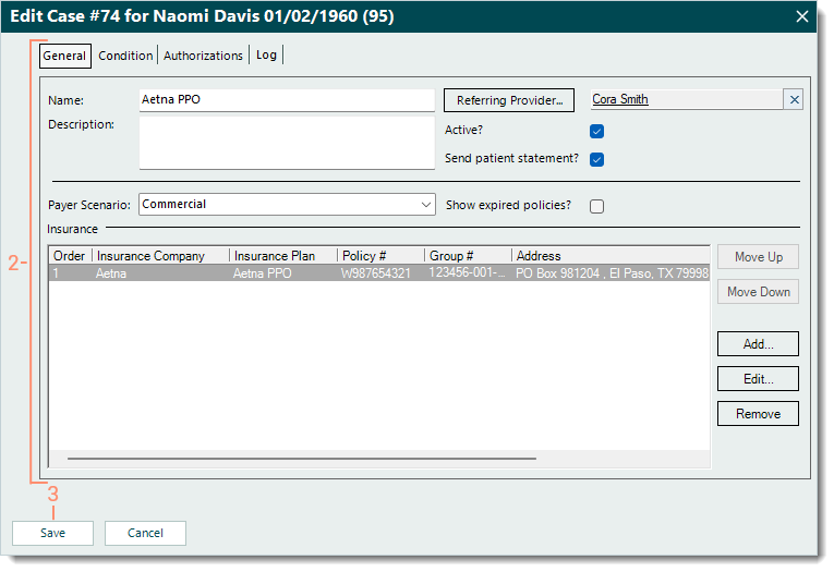 Desktop App (PM) Edit Case window highlighting the information to be edited and the Save button when finished.