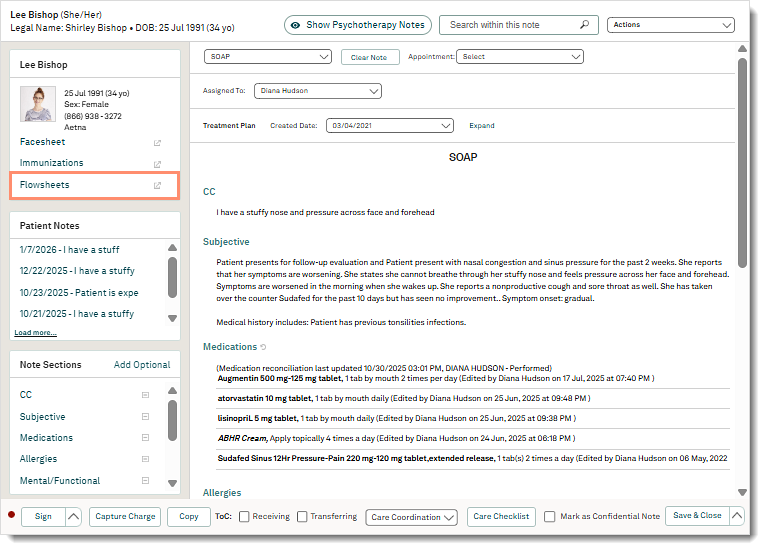 The web platform clinical note with Flowsheets highlighted for quick access to patient data.