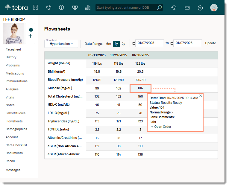 The web platform patient hypertension flowsheet showing the lab pop-up with specific lab details and an open order link.