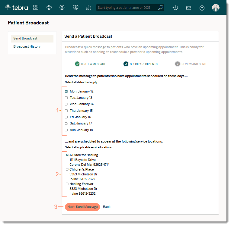 The web platform patient broadcast page to filter broadcast recipients by specific appointment dates and practice locations.