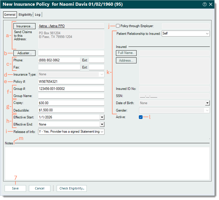 Desktop App (PM) New Insurance Policy window, General tab highlighting the policy information to be entered and Save button used when finished.