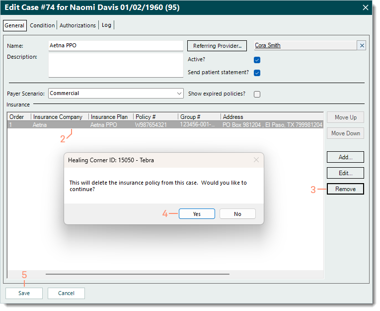 Desktop App (PM) Edit Case window, General tab with a policy selected and highlighted Remove button, confirmation to remove pop-up, and Save button when finished.