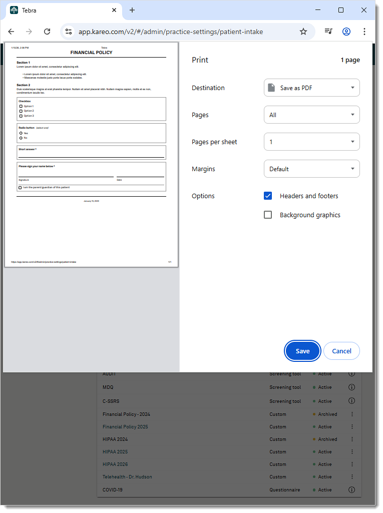 The web platform print custom form browser print function.