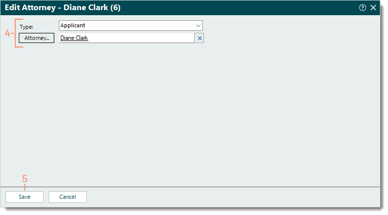 Desktop App (PM) Edit Attorney window highlighting the attorney information to edit and the Save button used when finished.