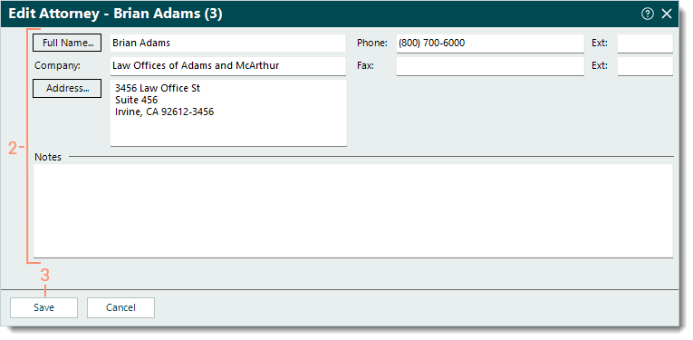 Desktop App (PM) New Attorney window highlighting the attorney information to edit and the Save button used when finished.