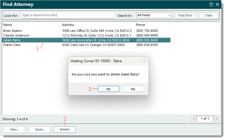 Desktop App (PM) Find Attorney window with a specific attorney selected and highlighted Delete button, confirmation to delete pop-up with, and Save button when finished.