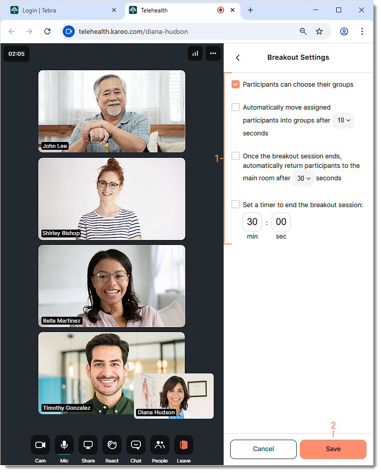 The web platform Telehealth room Breakout Settings panel showing options move participants and end a session.