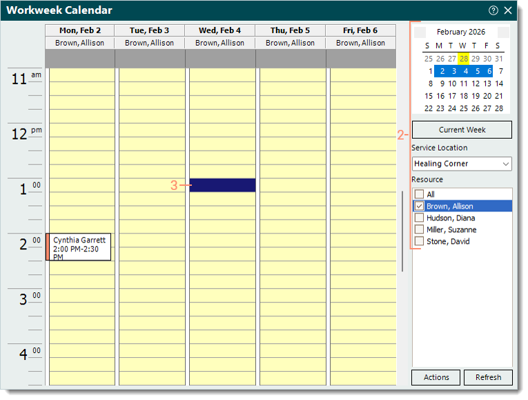 Desktop App (PM) Workweek Calendar view highlighting the available selections and a specific time slot for a new appointment.