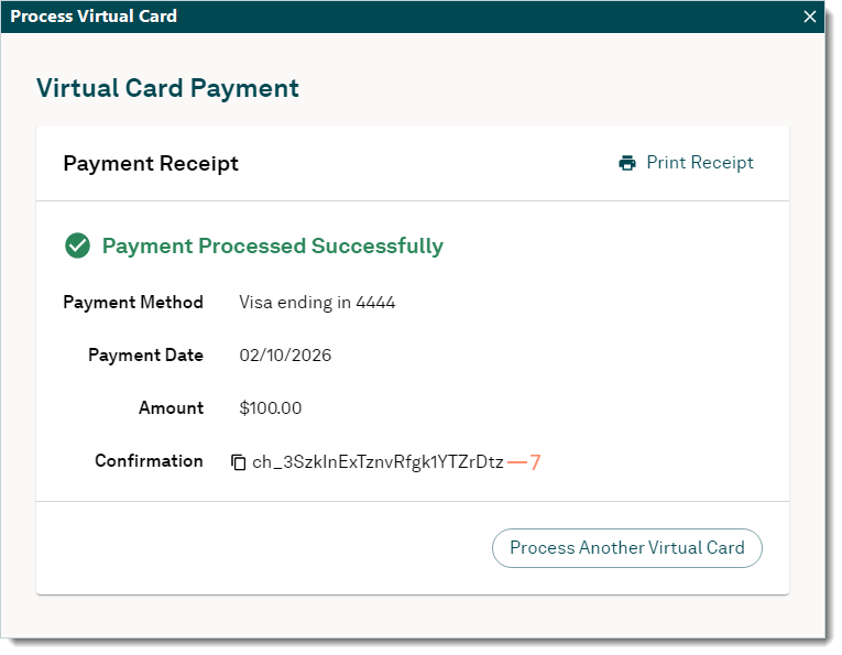 Desktop App (PM)Process Virtual Card window for Stripe activated practices showing the Payment Receipt information and highlighting the Confirmation number to copy.