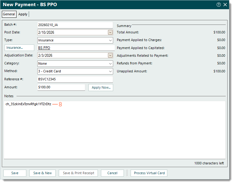 Desktop App (PM) New Payment window highlighting the pasted Confirmation number in the Notes field.