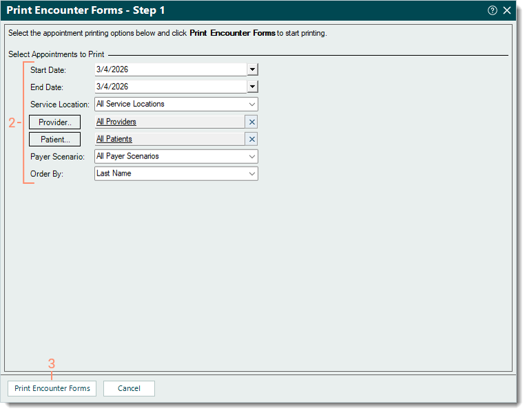 Desktop App (PM) Print Encounter Forms - Step 1 window highlighting the appointment criteria to enter and the Print Encounter Forms button when finished.