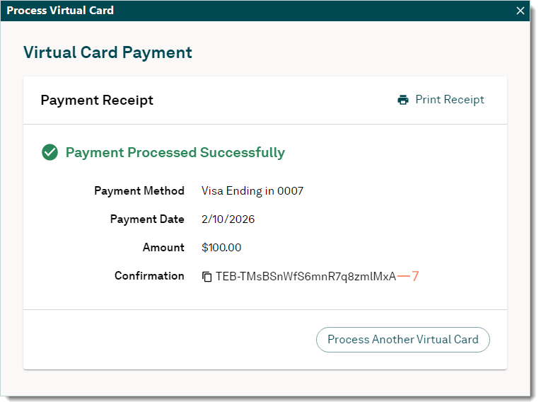 Desktop App (PM)Process Virtual Card window for Tebra Payments activated practices showing the Payment Receipt information and highlighting the Confirmation number to copy.