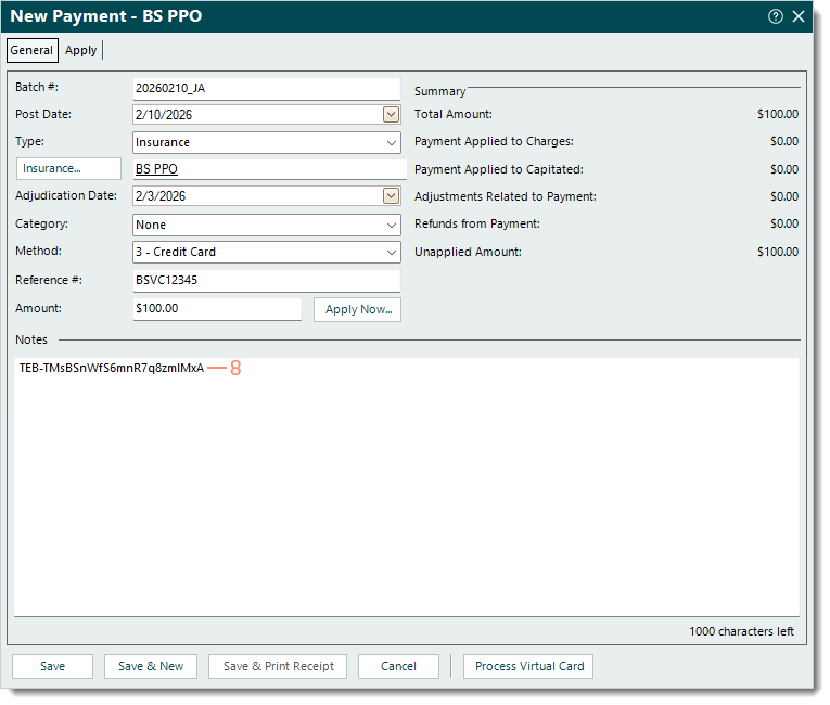 Desktop App (PM) New Payment window highlighting the pasted Confirmation number in the Notes field.