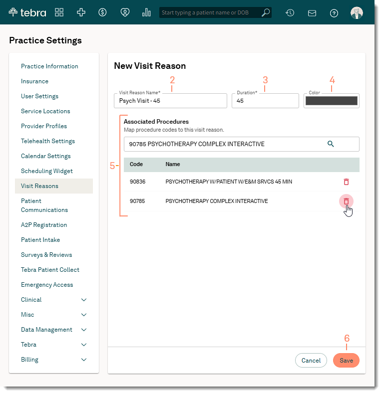 The web platform Visit Reason page showing fields for name, duration, color, and associated servies.