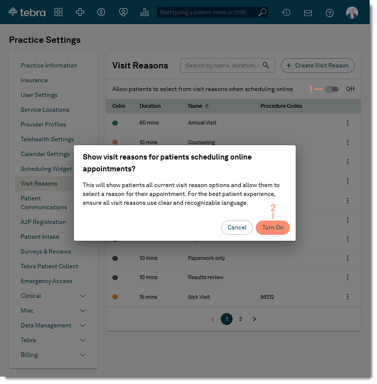 The web platform Visit Reasons page showing the toggle switch and confirmation window to enable online scheduling.