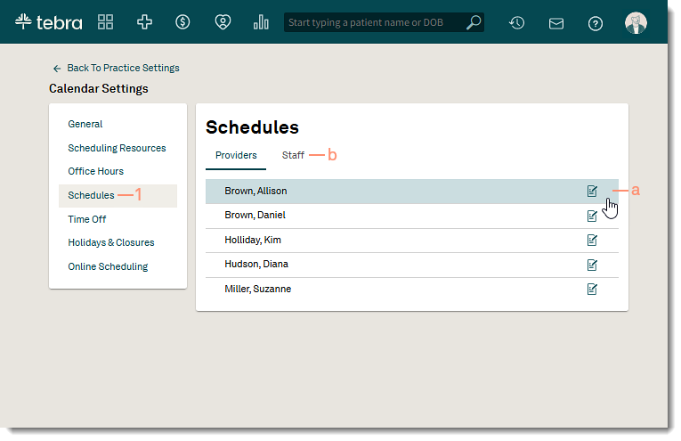 Schedules dashboard displaying a list of providers and staff members to configure availability.