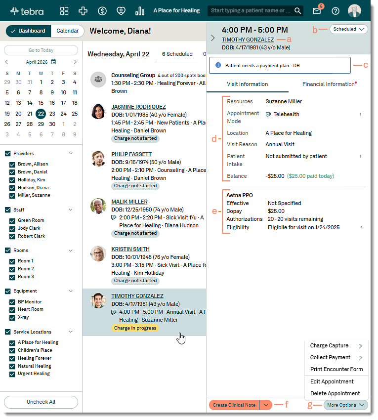 The web platform dashboard showing the patient appointment card displaying contact info, insurance details, and action buttons.