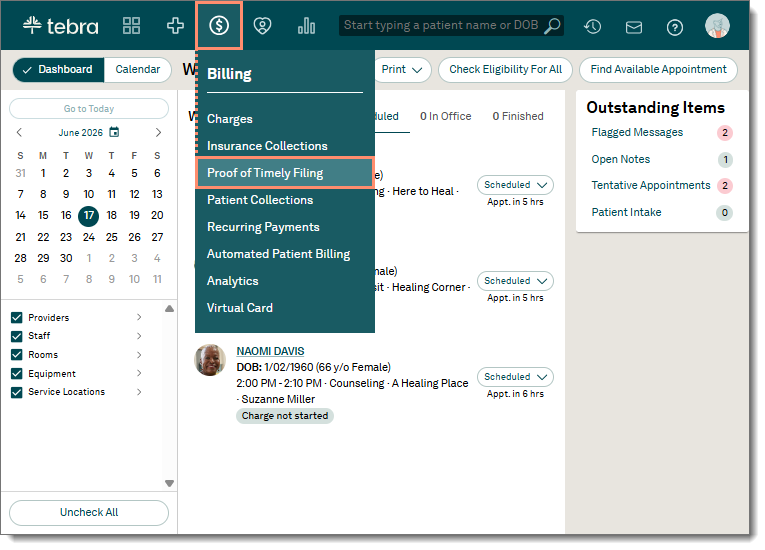 Web platform dashboard showing the Billing drop-down menu highlighting the Proof of Timely Filing option.