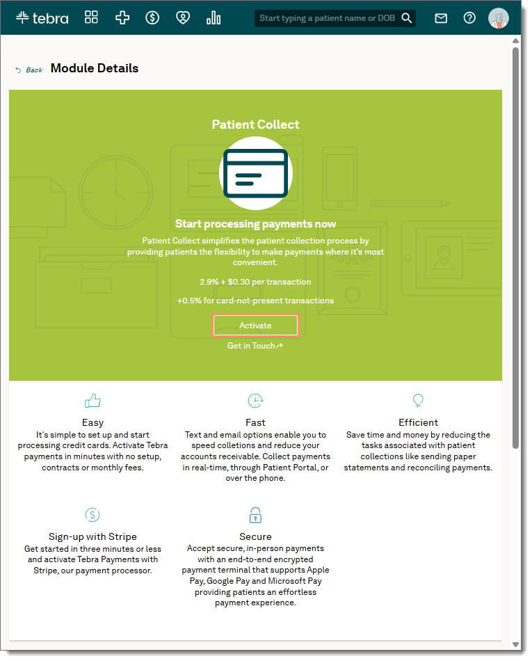 Web platform showing the Module Details page for Patient Collect and a list of program benefits with the Activate button highlighted.
