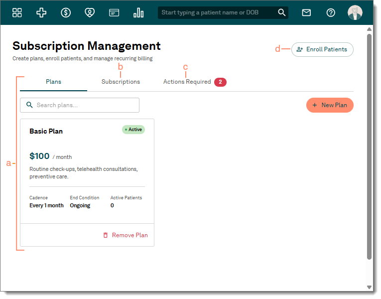 Web platform Subscription Management page, highlighting the available options: Plans, Subscriptions, Actions Required, and Enroll Patients.