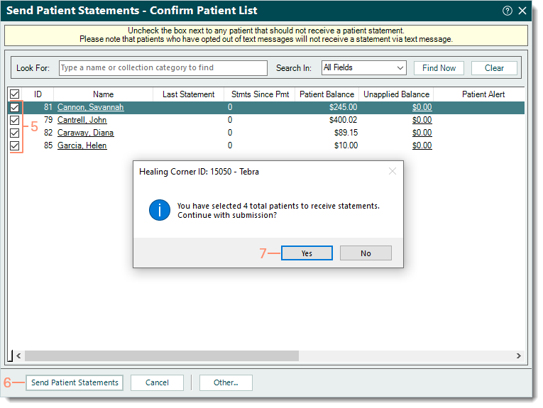 Desktop App (PM) Send Patient Statements - Confirm Patient List window showing the selected patients, the Send Patient Statements button, and the confirmation pop-up with the Yes button highlighted. 