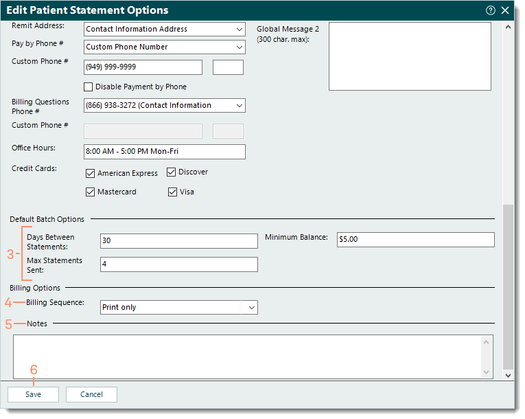 Desktop App (PM) Edit Patient Statement Options window showing the Default Batch Options, Billing Options, and Notes sections, and the Save button.
