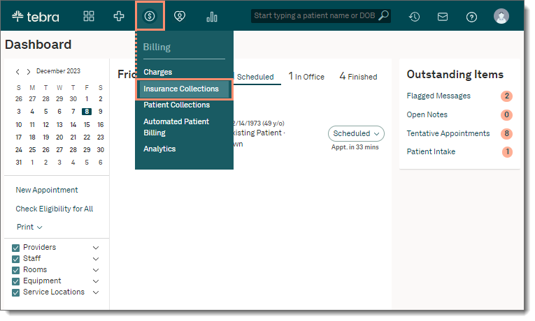 Web platform showing the Billing menu drop-down with the Insurance Collections option highlighted.